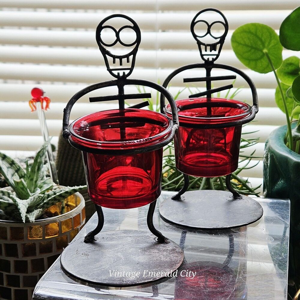 Vtg Rare Black Metal Skull Men Halloween Candle Holders Red Glass Votive Set 2
